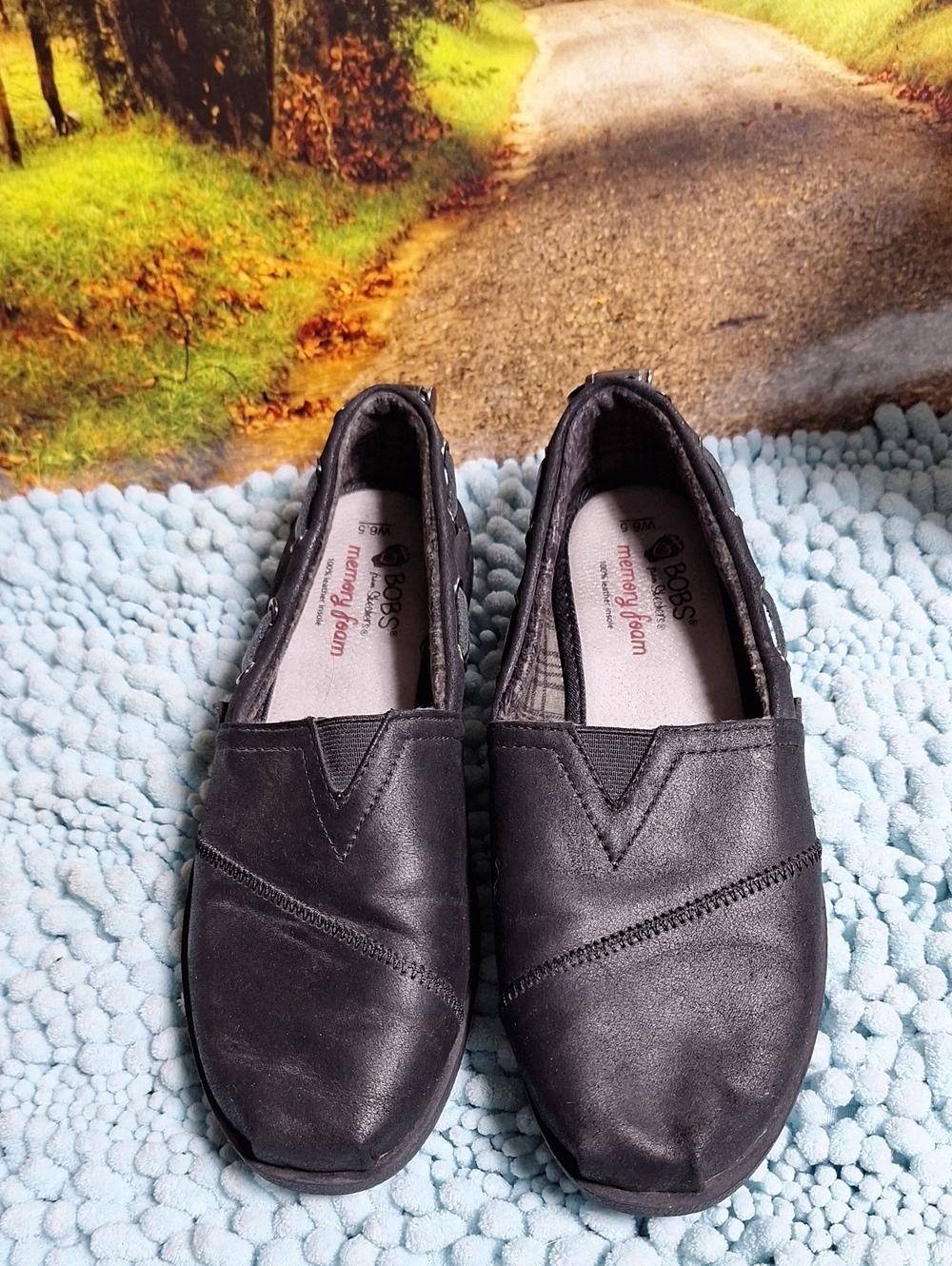 Skechers BOBS Black and Gray Plaid Memory Foam Slip-On